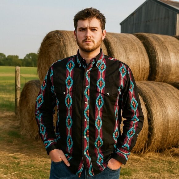 Wrangler VTG 90s Aztec Pearl Snap Button Long Sleeve Shirt Men's XL Black - Picture 3 of 8